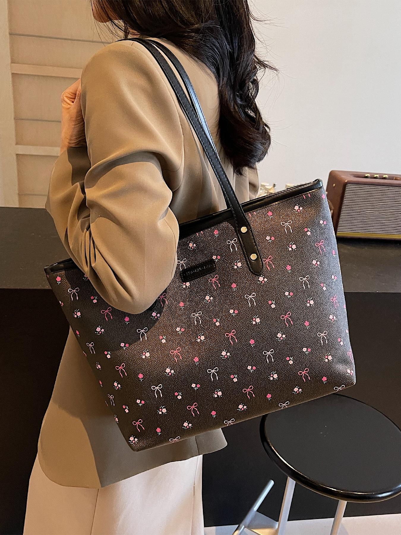 Fashionable Bowknot & Cherry Pattern Tote Bag, Handbag Tote Bag, Casual Versatile Shoulder Bag for Women, Trendy All-match Bag for Daily Use