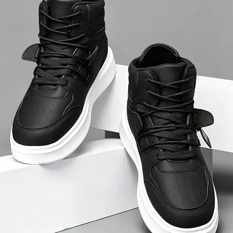Unisex High-Top Board Shoes, PU Leather Casual Trainer Sneakers, Thick Sole Comfortable Footwear, Versatile Street Style for Daily Wear