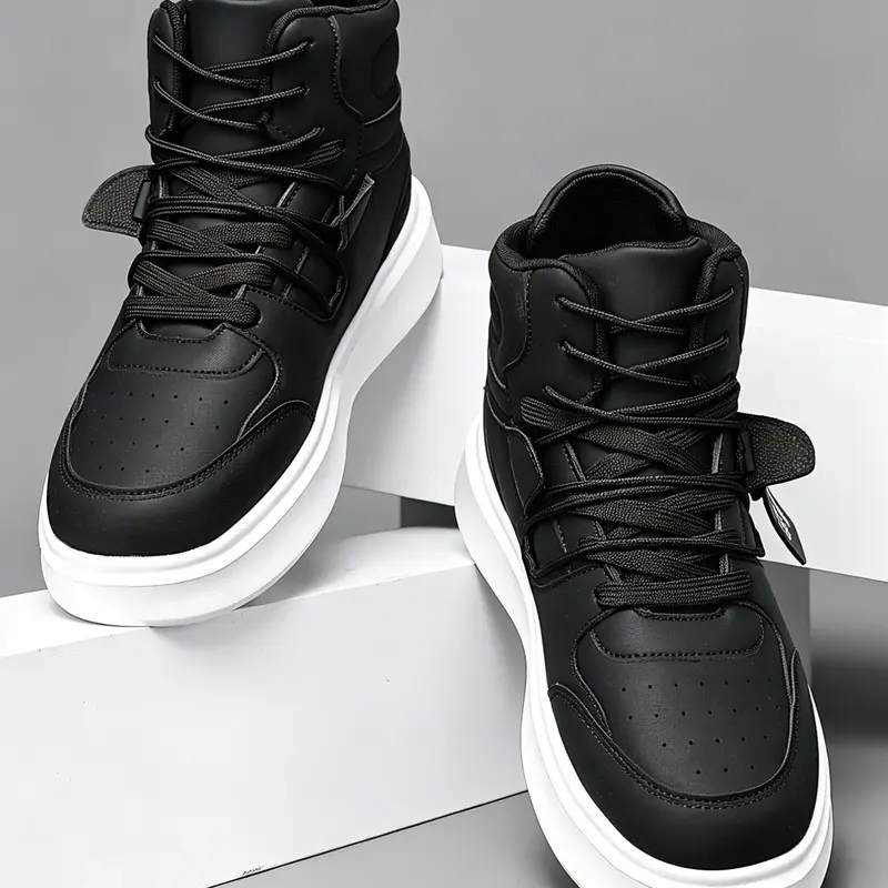 Unisex High-Top Board Shoes, PU Leather Casual Trainer Sneakers, Thick Sole Comfortable Footwear, Versatile Street Style for Daily Wear