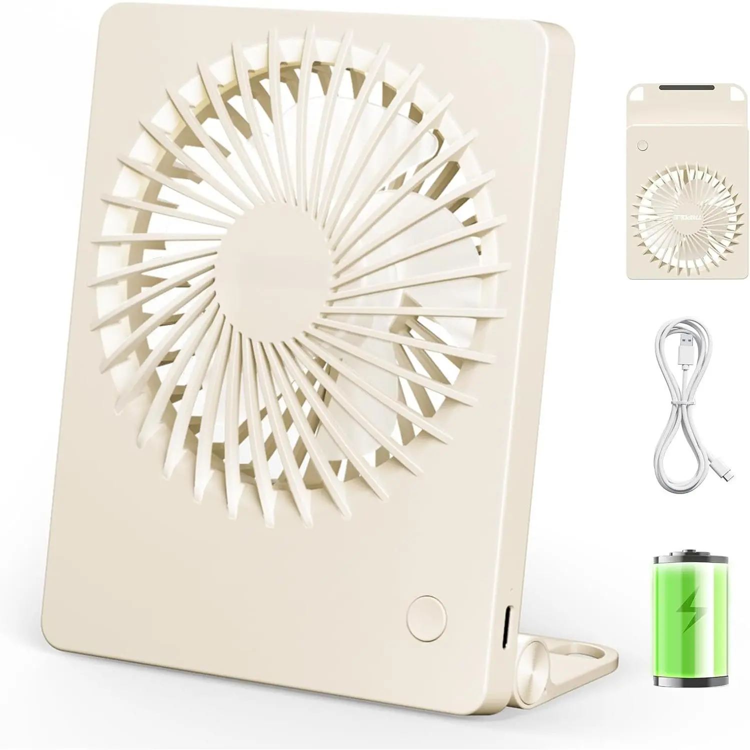 Mini Portable Desk Fan Rechargeable Ultra Quiet Small Fan 4.5 Inch Personal Travel Fan with 180° Tilt Folding and 3 Speeds Adjustable for Office Desktop Bedroom (Beige)
