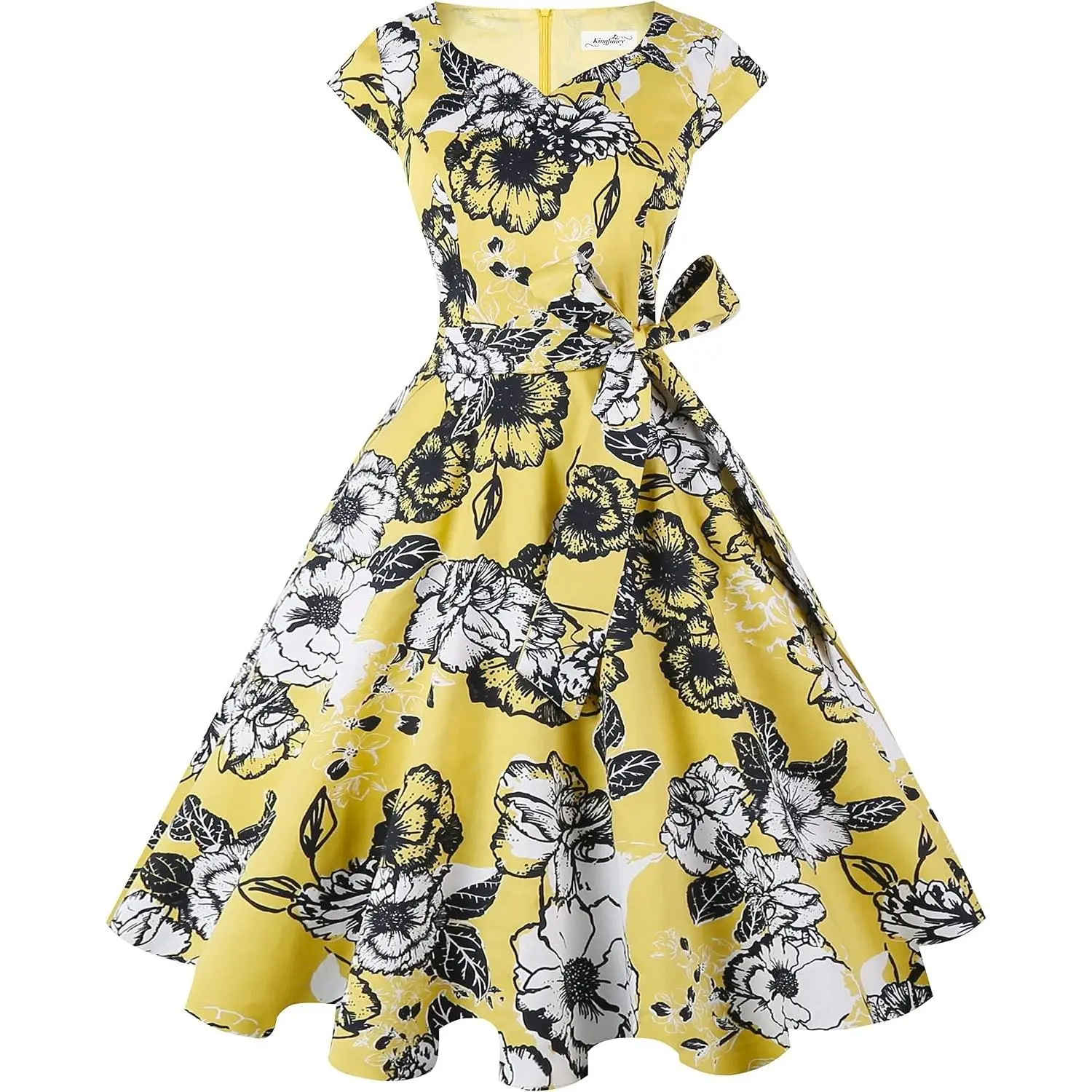 Women Vintage 1950s Retro Cocktail Party Swing Dress with Cap Sleeves