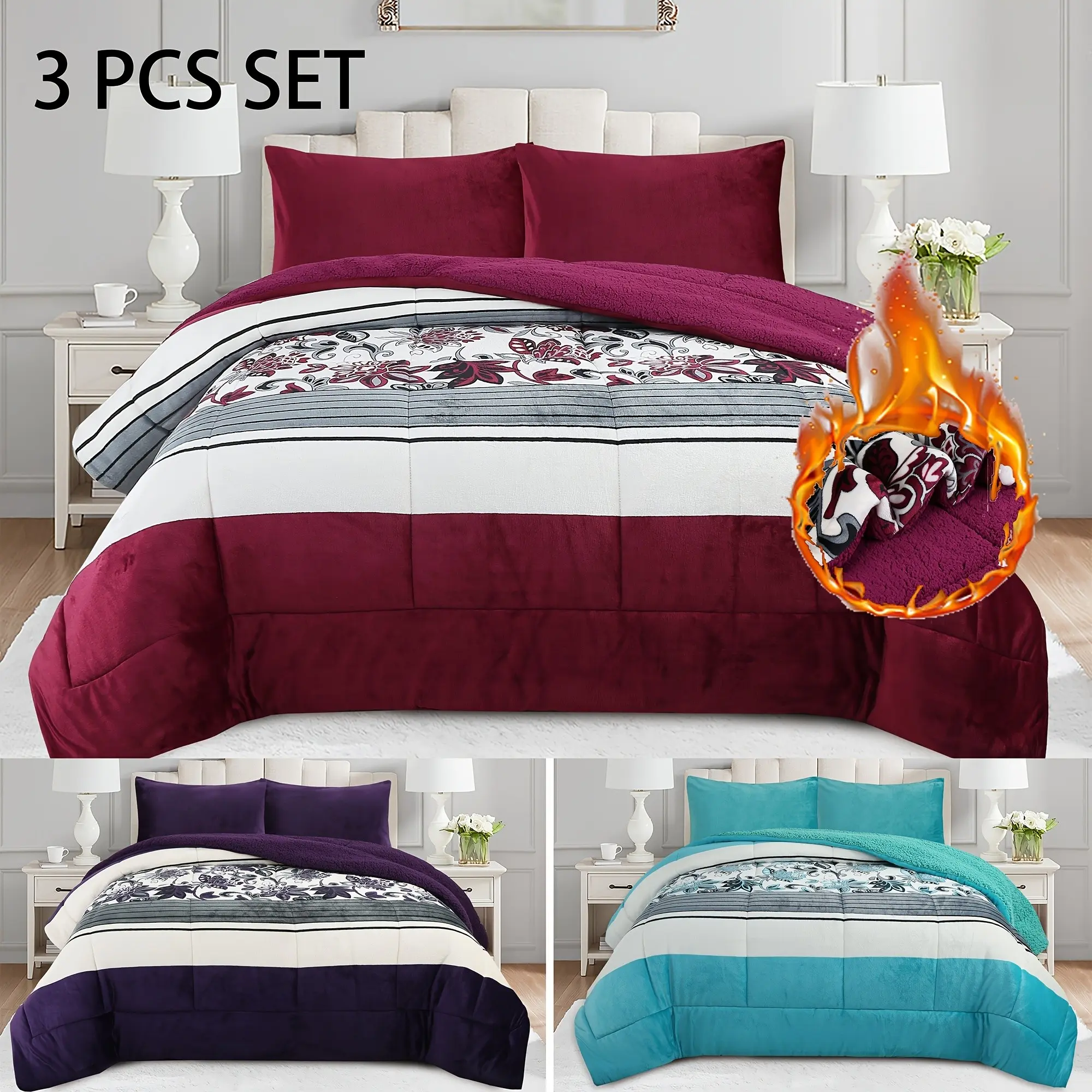 3pcs Floral Printed Ultra-Soft Bedspread Comforter Set Micromink Sherpa Blanket with 2 Pillow Shams Reversible Plush Bedding Comforter Set Warm Winter Blanket All Seasons