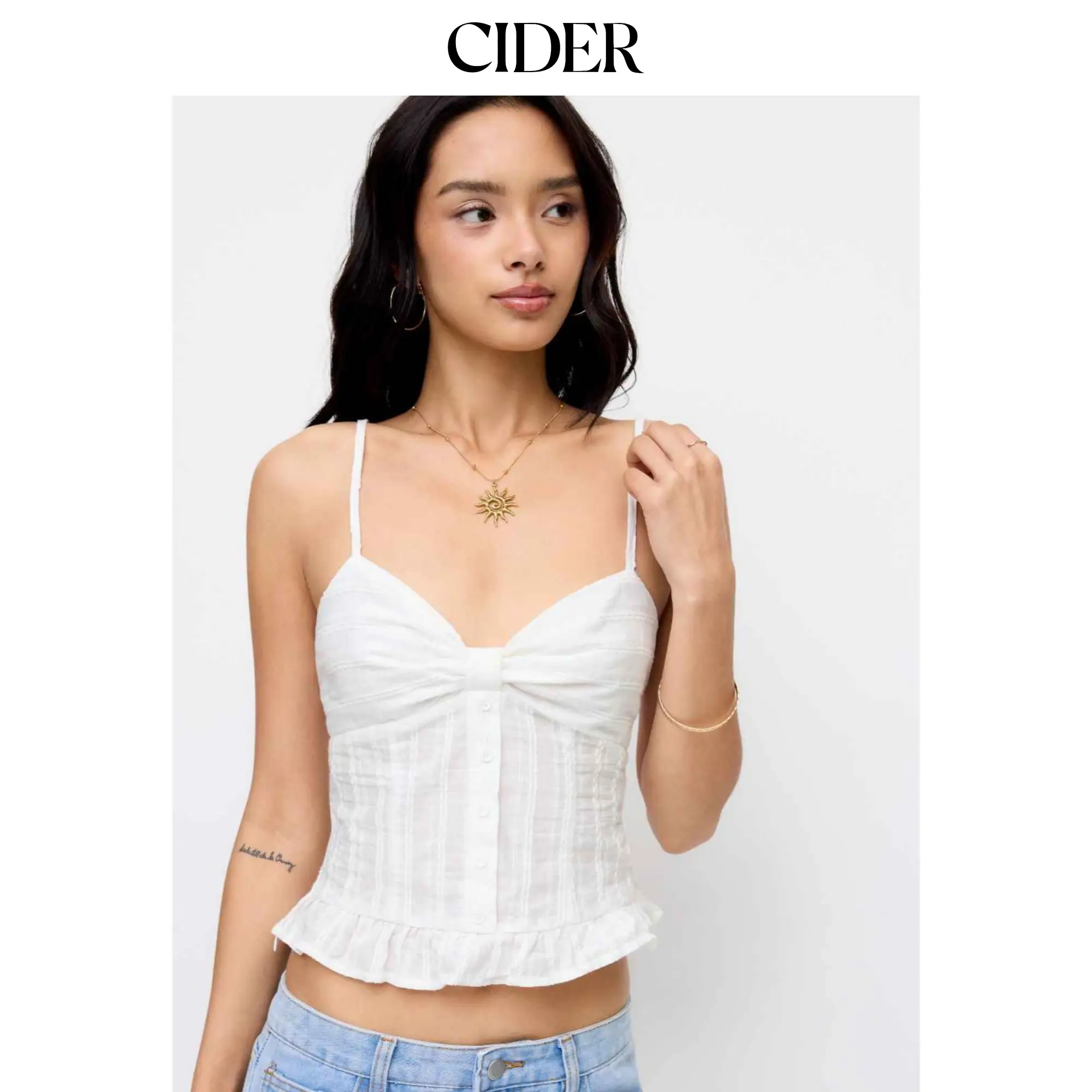 Cider Cotton Textured Sweetheart Bowknot Ruffle Hem Cami Top