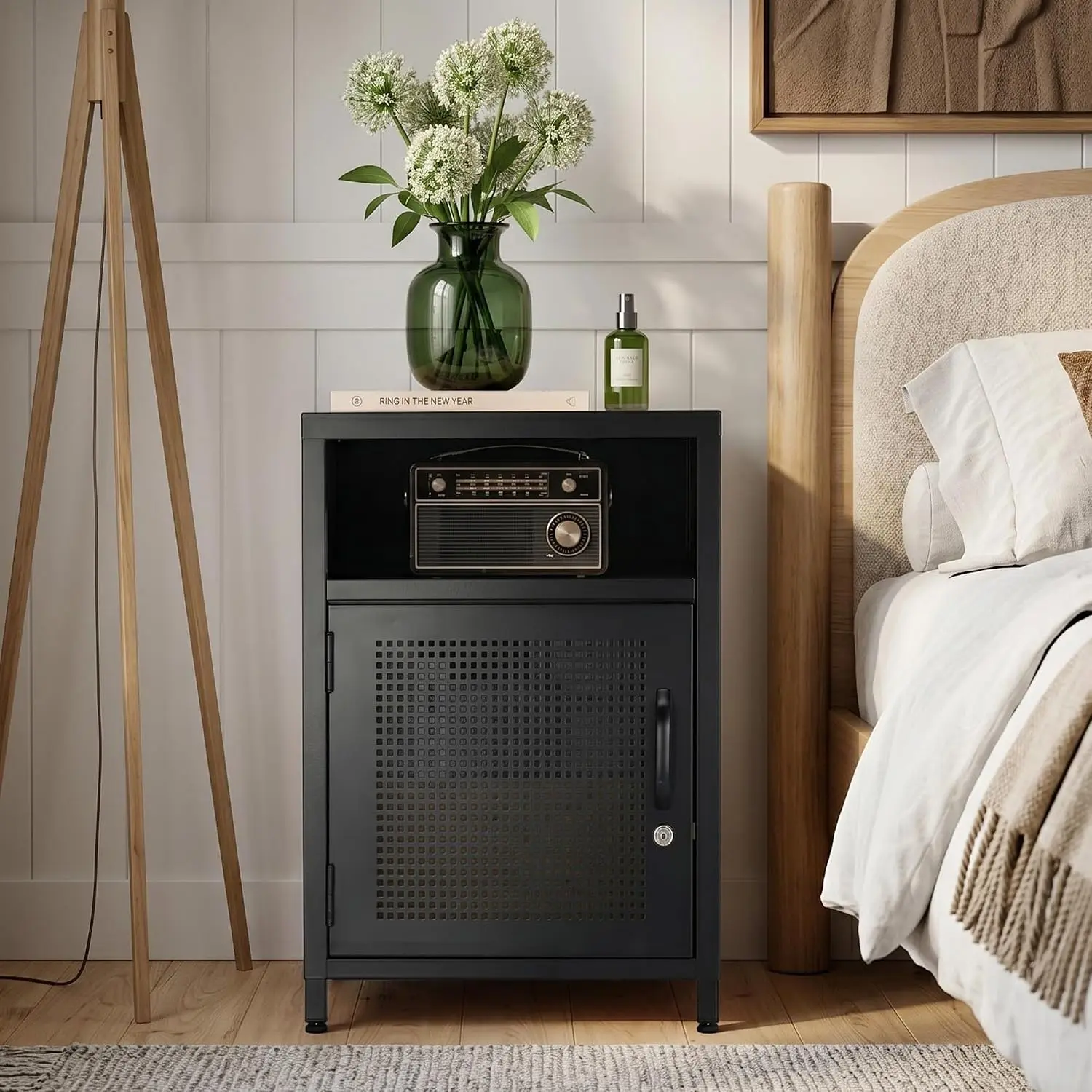 Metal Locker Nightstand, Black/White Stainless Steel End Table with Locking Cabinet Door & Open Shelf, Compact Locker Side Table for Bedroom, Dorm, Office & Living Room, Modern