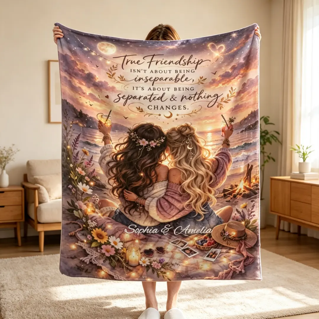 Customized best friend blankets, personalized flannel blankets, beach-themed best friend name blankets, soft and anti-pilling fleece blankets, bohemian-style friendship gifts, suitable for super soft décor/sofas/bedrooms.