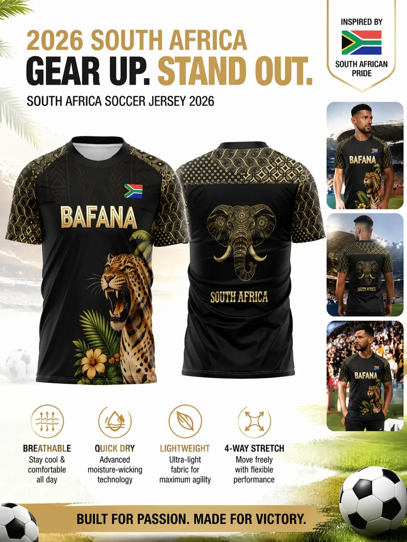 2026 South Africa Gold African Tribe Pattern Football Jersey, Four-Way Stretch, Lightweight, Quick-Dry, Breathable, Durable, Short Sleeve