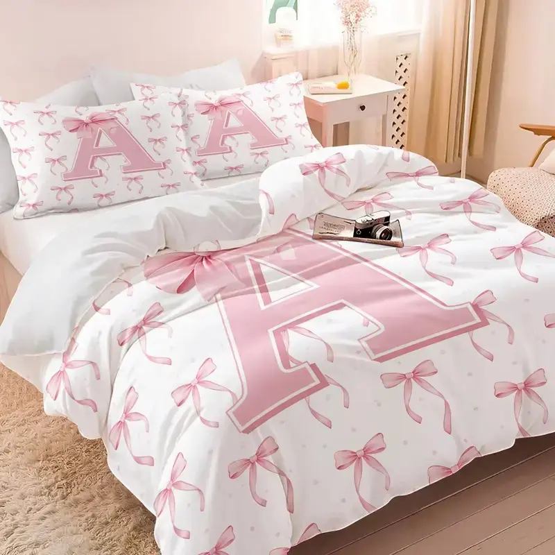 Pink Bow Initial A-Z Full Duvet Cover Set, Pink and White Bow Knot Bedding Set for Girls Kids, Monogrammed Princess Bed Set, Cute Preppy Bows Comforter Cover with Pillowcases 2/3Pcs Bedroom Decor (No Comforter)