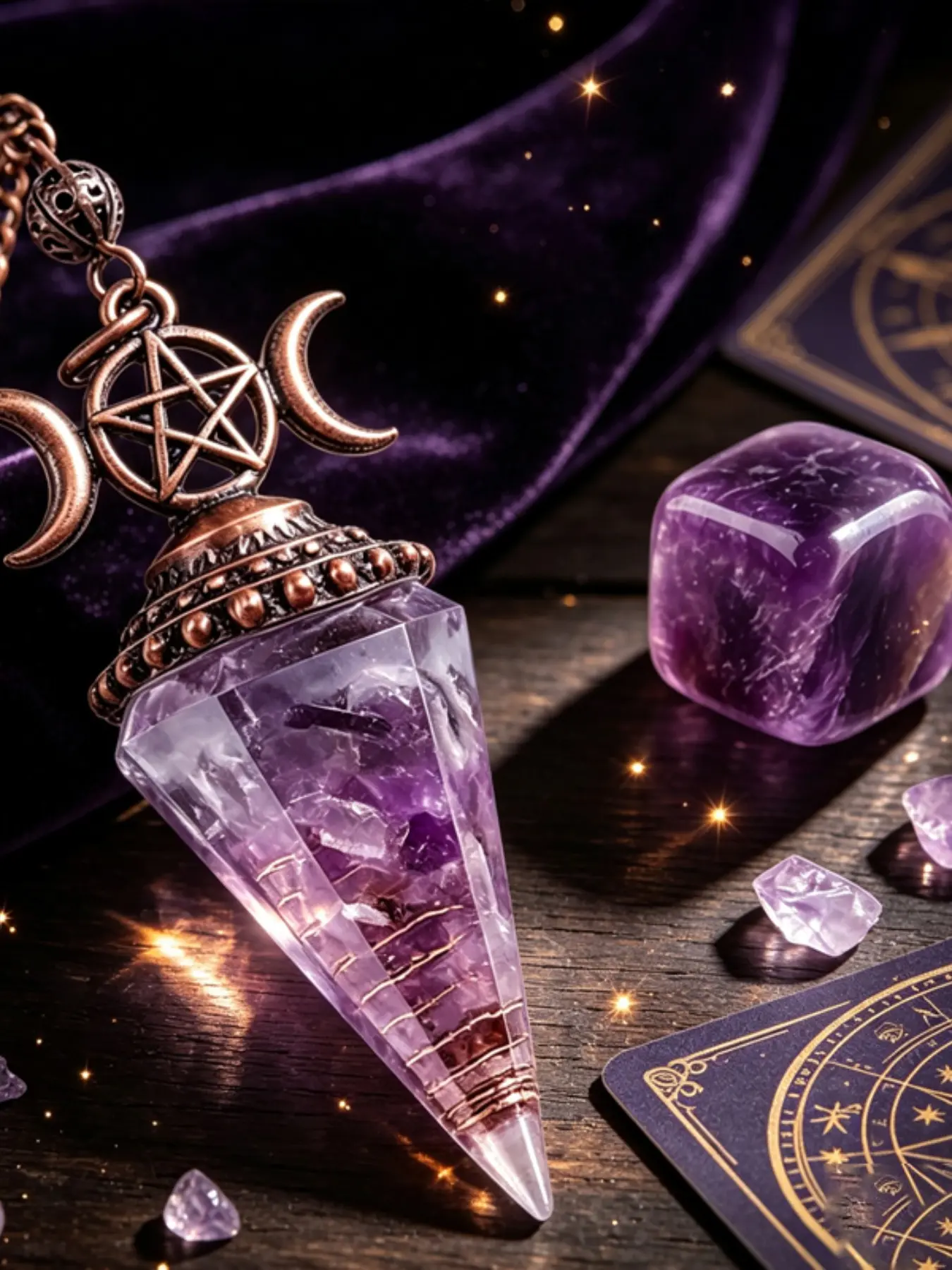 2pcs/set Antique Copper Natural Crystal Pendulum Pendant + Cube Stone, Halloween Christmas Gift, Divination Spiritual Exploration
