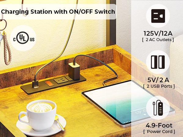 Sikaic LED Nightstand with Charging Station Brown Wood Bedside Table 2 Drawers 2 USB Ports RGB Lights for Bedroom Living Room Modern Storage Shelves & Hooks