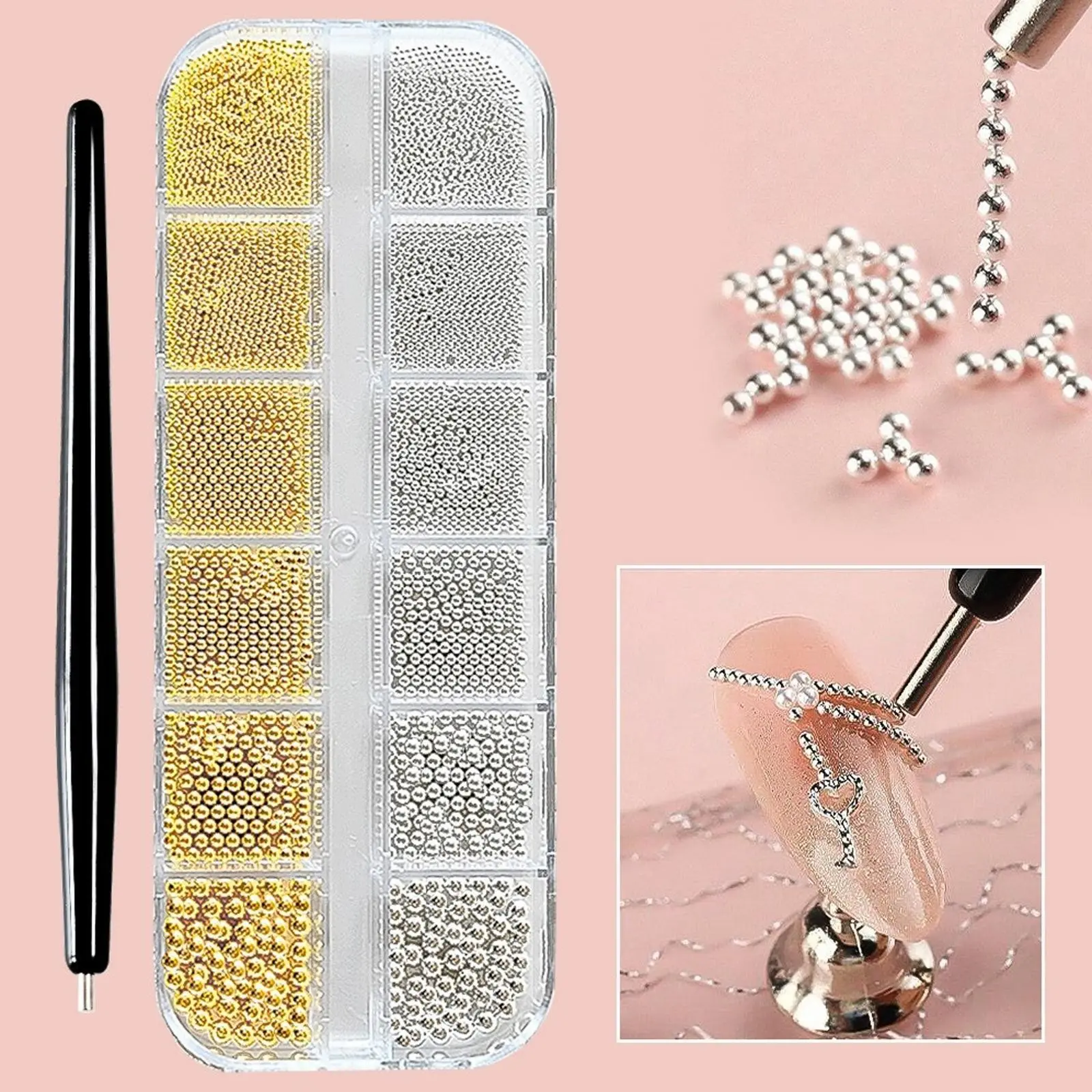 Nail Beads With Magnet Picker Tool 12Grids Gold Silver Caviar Beads Metal Nail Charms Gems, Bling Rhinestone, Mixed-Sizes Steel Balls Nail Art Decoration Manicure DIY Supplies Crystal Decoration, Nail Art Set Nail Art Tools