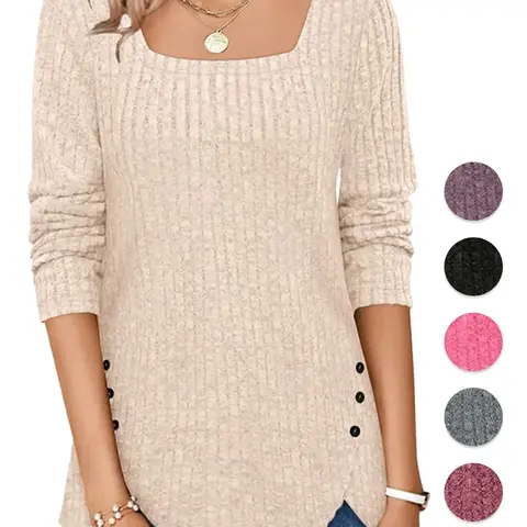Women's Plain Buttons Wrap Ribbed Knit Top, Casual Long Sleeve Square Neck Sweater Knitwear for Spring & Fall, Fashion Women's Knit Clothing for Daily Wear