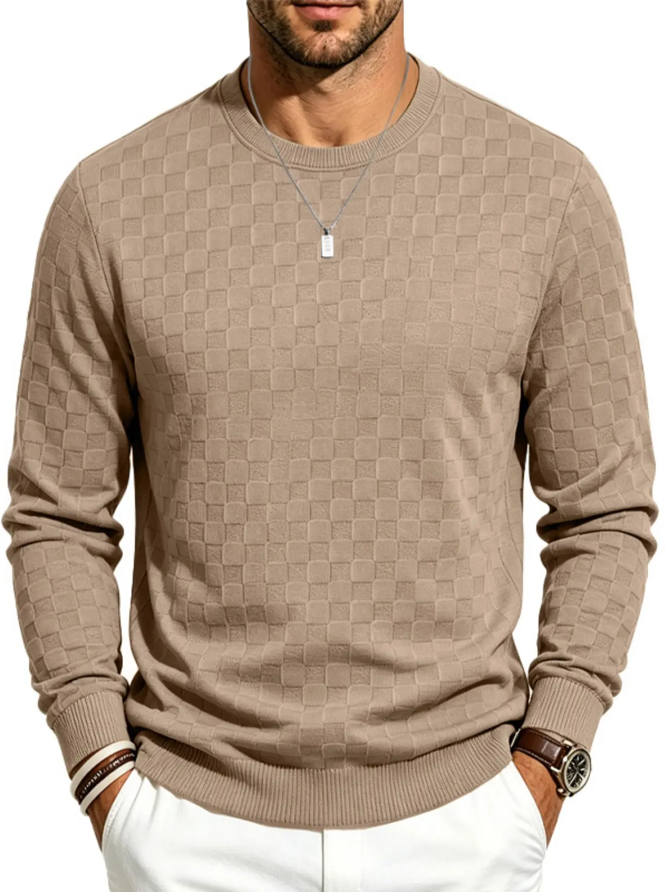 Men's Soft Square Pattern Round Neck Long Sleeve Knit Pullover, Elastic Breathable Casual Business Wear, Essential Layering Top