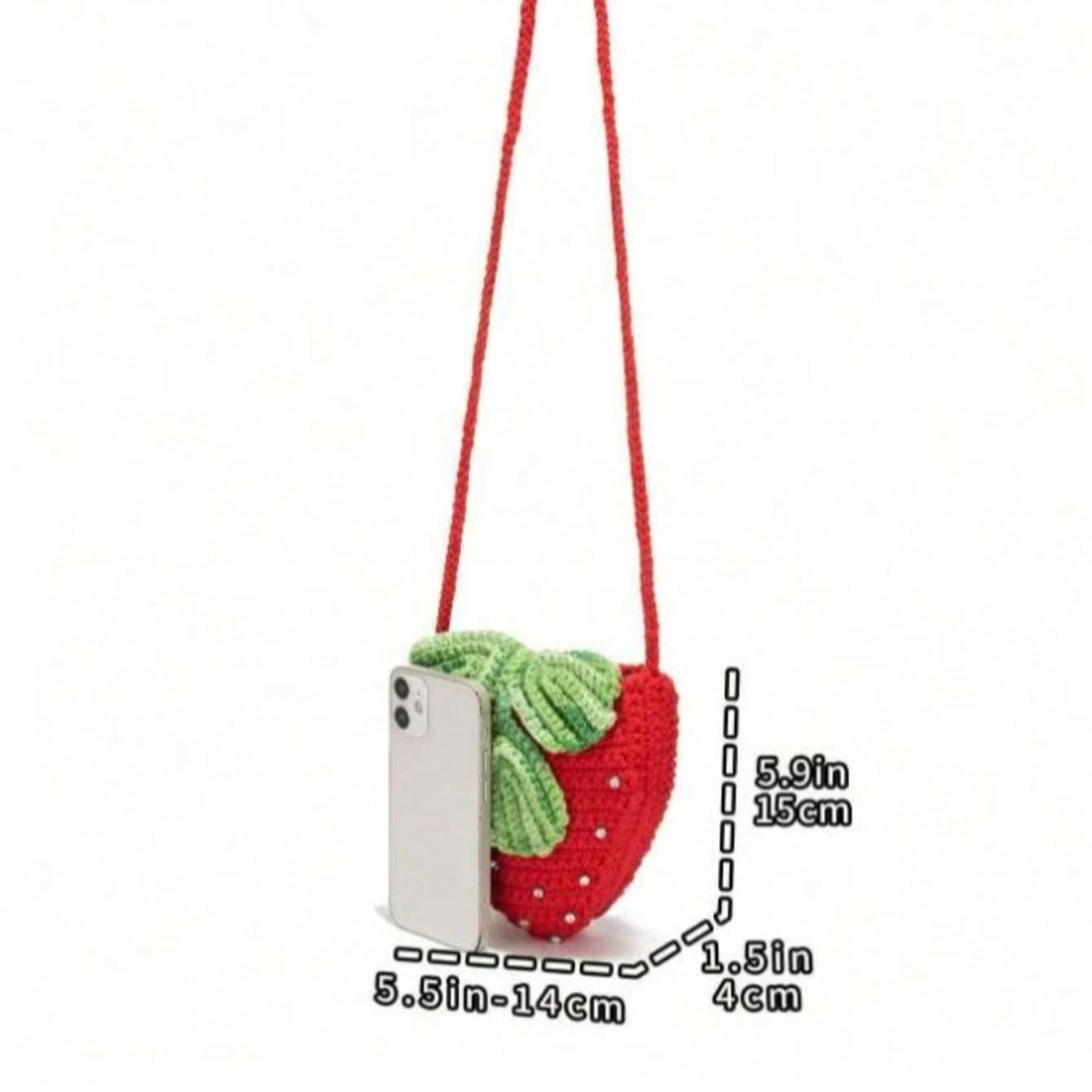 Handmade Creative Crochet Strawberry Handbag With Rhinestones, Cute Mini Purse Crossbodybag stylish Crossbody Shoulderbag Student Bag Perfect for Everyday Outings
