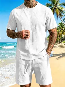 Men's Summer Linen Cotton Comfortable T-Shirt Shorts Set, Breathable Plain Design, Loose Fit, Ideal for Daily Wear & Beach Holidays