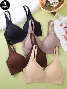 4-Pack Women's Wire-Free Push-Up Bra, Seamless T-Shirt Style Lingerie, Palm Support, Medium Lift, Comfortable Thin Straps, All Seasons