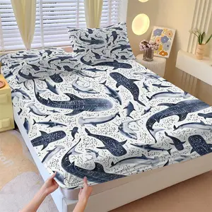 Blue White Watercolor Shark Print Fitted Sheet Set & 2 Coreless Pillowcases-Whale Shark, Great White Shark with Bubble Texture-Soft Breathable Bedding-Fresh Ocean Style Kids Bedroom, Boys Dorm Decor