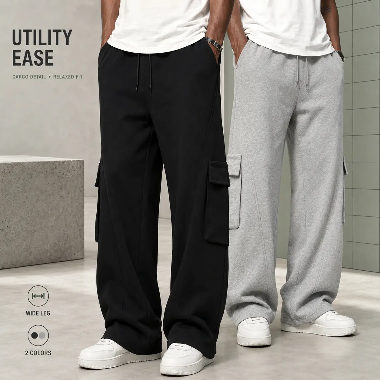 Men Cargo Wide Leg Sweatpants Elastic Drawstring Loose Streetwear Multi Pocket Casual Jogger Pants