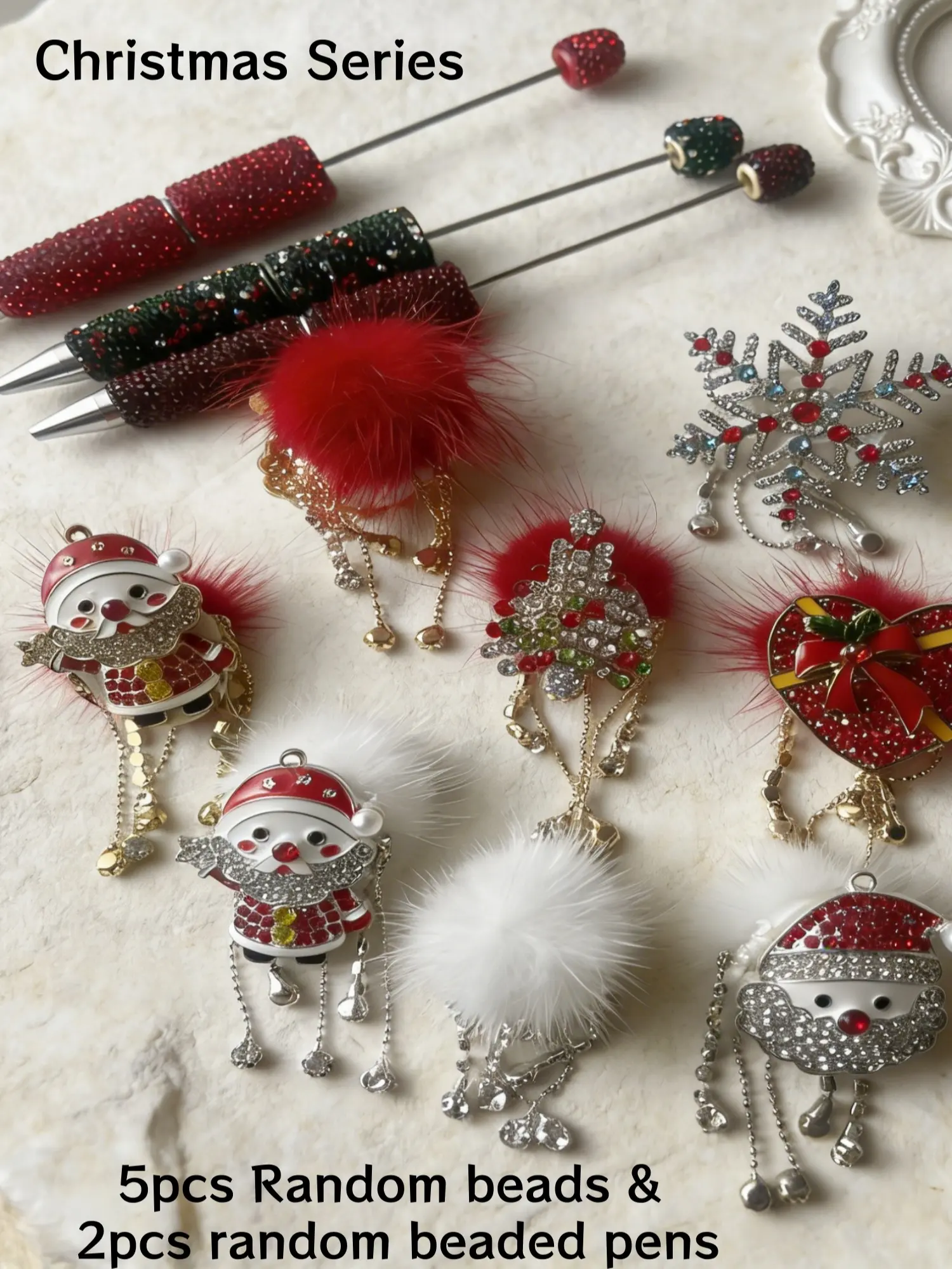 Five Beautiful Random Christmas Rhinestone Decorated Beads - Christmas Tree, Heart, Snowflake, Santa Shapes, with 2 Random Color Fully Rhinestone Bead Pens, Perfect Holiday Decorations, Unique Gift Idea