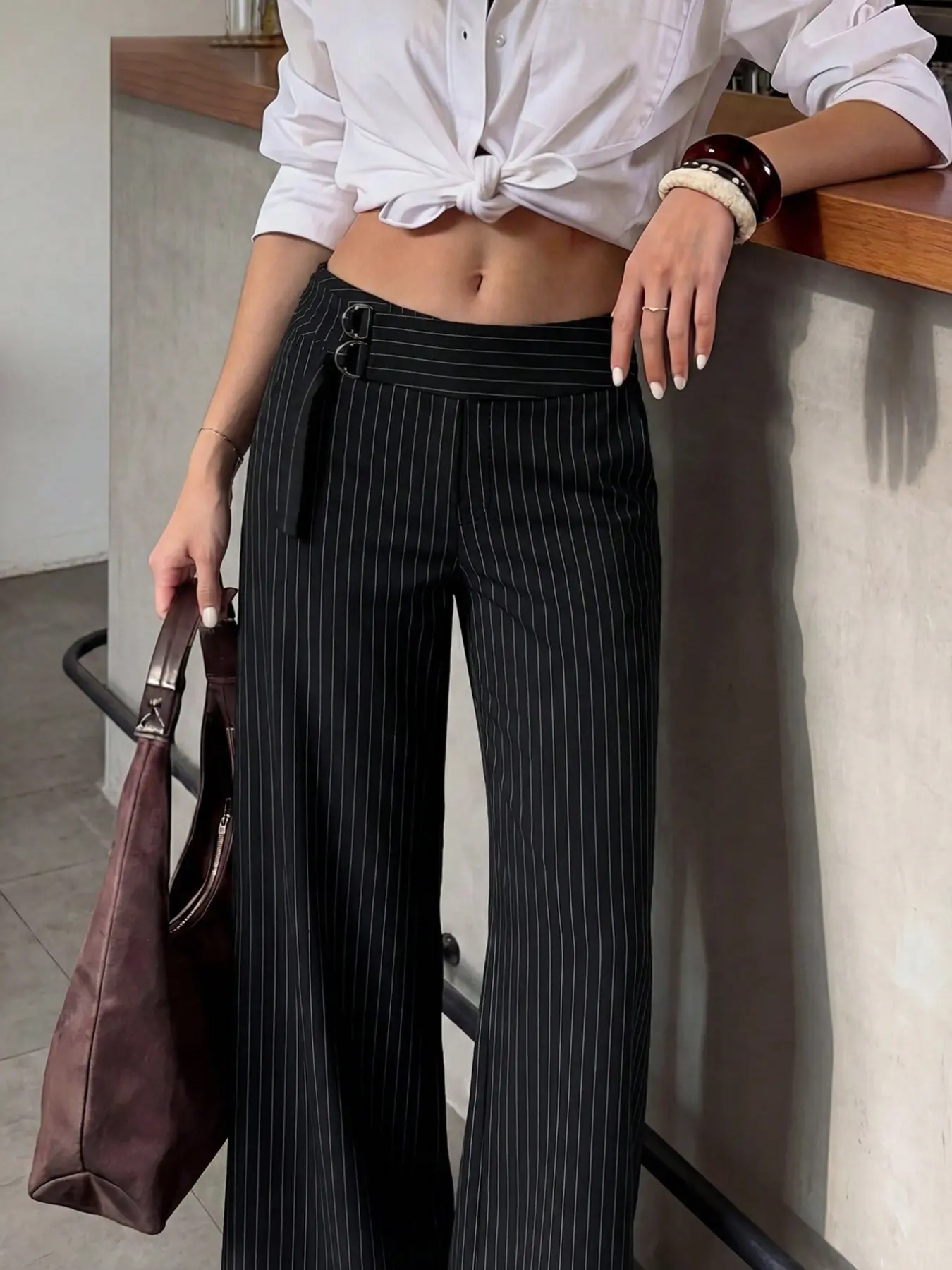 Elegant Women's Fall Winter Striped Waist Adjuster Straight Leg Suit Pants, Fashionable Long Trousers with Adjustable Rope Design