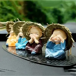 4pcs Resin Little Monk Statue Set, Suitable for Indoor And Car Decoration, Creative Straw Hat Monk Ornaments, Durable Collectible, Suitable for Various Room Types