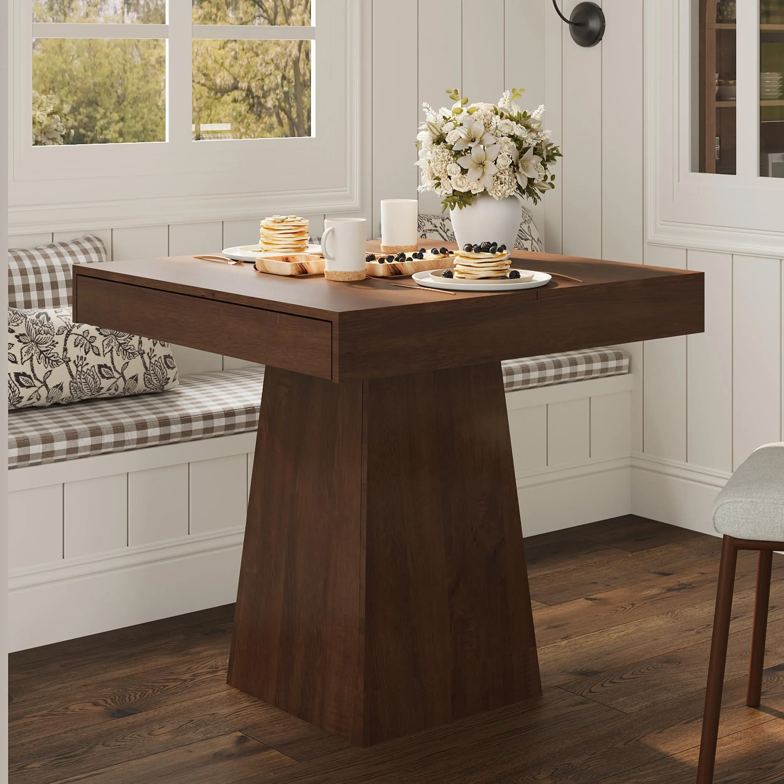 Hosslly Square Top Indoor Dining Table - 4-Seat Space-Saving Modern Wooden Table with Drawer Storage, Pedestal Stand, Easy Clean-Up, Durable - Ideal for Dining Room, Kitchen - Gray Wood Grain