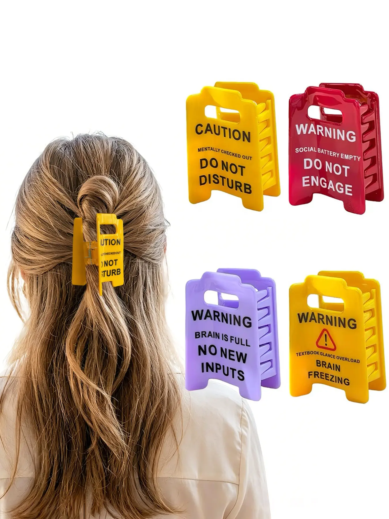 4pcs Funny Warning Sign Hair Claw Clips, Daily Versatile Back-Of-Head Half-Up Ponytail Shark Clip Hair Accessories, Fun and Unique Design