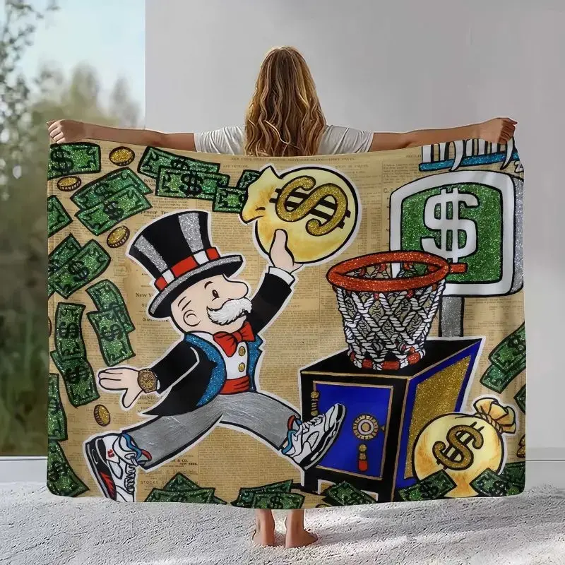 Cartoon Monopoly Dollar Game Flannel Blanket,Ultra Soft Warm Plush Throw for Home Bedroom Bed Sofa Cover Office Camping Picnic