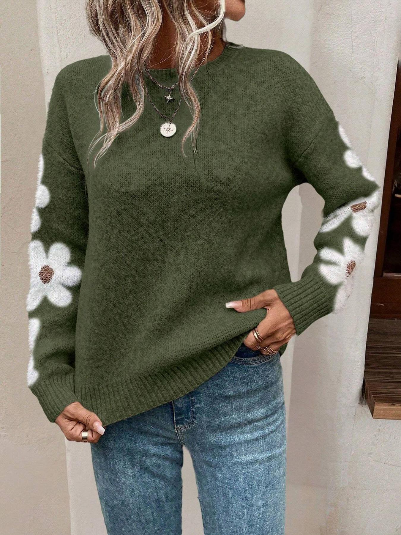 Women's New Loose Round-Neck Floral Pattern Long-Sleeve Pullover Sweater for Autumn and Winter, Elegant Casual Knitwear