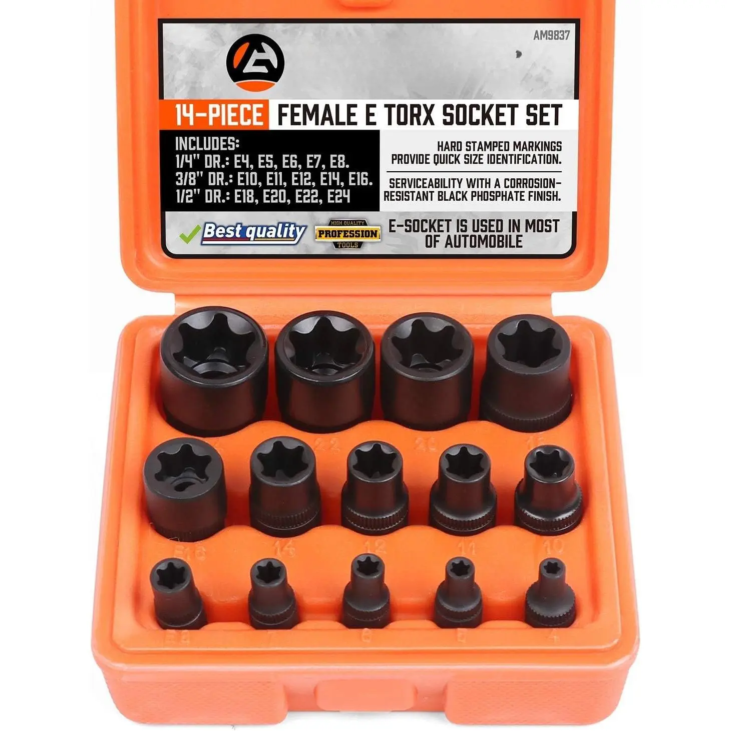 14 count Female E-Torx  Socket Set/Rail, 1/4" 3/8" 1/2" Drive, E24 External Torque Socket Set