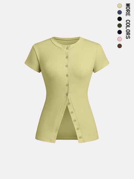 Women's Solid Color Button Basic Tee, Casual Short Sleeve Round Neck T-shirt for Daily Wear, Ladies Clothes for All Seasons