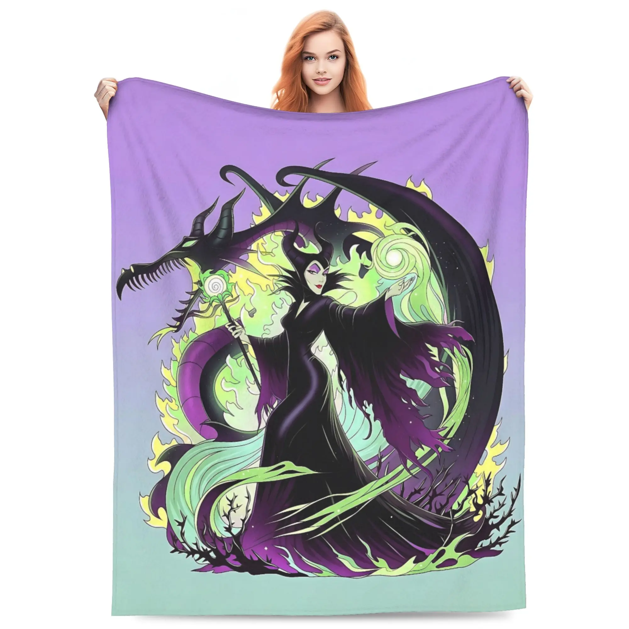 DISNEY CLASSIC Maleficent Dragon Magic Throw Blanket, Maleficent With Staff Giant Black Dragon Green Magic Flames Purple Gradient Background Flannel Fleece Blanket, stunning decor for Disney villain fans and fantasy themed spaces.