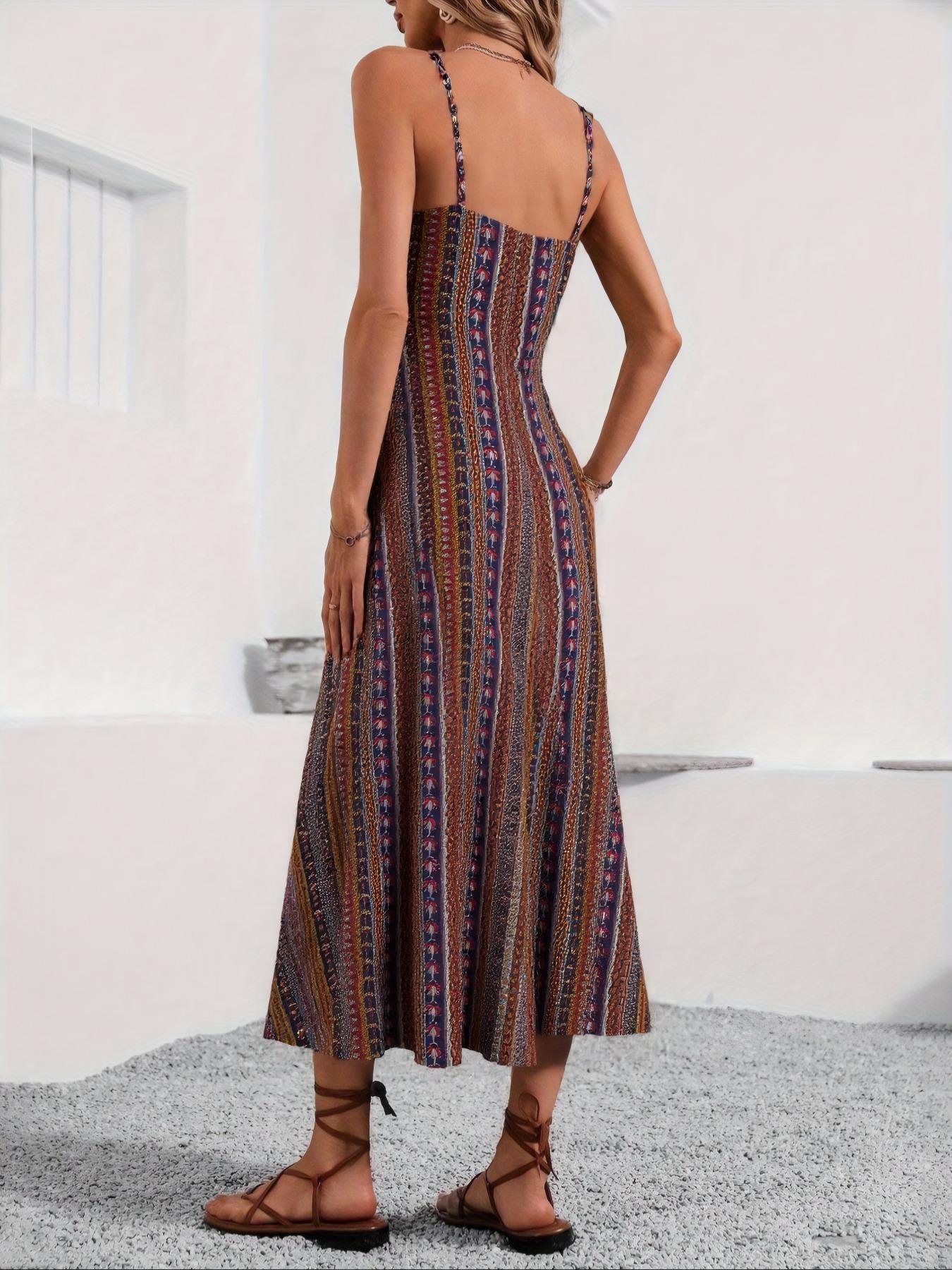 Women's All Over Ethnic Pattern Backless Split Thigh Cami Dress, Boho Fashion Casual Sleeveless Long Dress for Beach Holiday Vacation, Ladies Dress for All Seasons, Casual Boho Chic