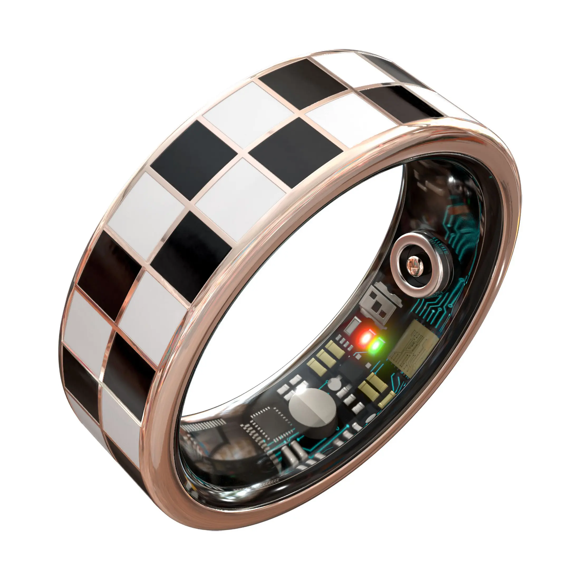 Vintage Checkerboard Design Health Tracking Ring, Suitable for Both Men and Women, 5ATM Waterproof, Activity/Sleep/Temperature Monitoring, Family Care Mode, Compatible with Android and iOS.