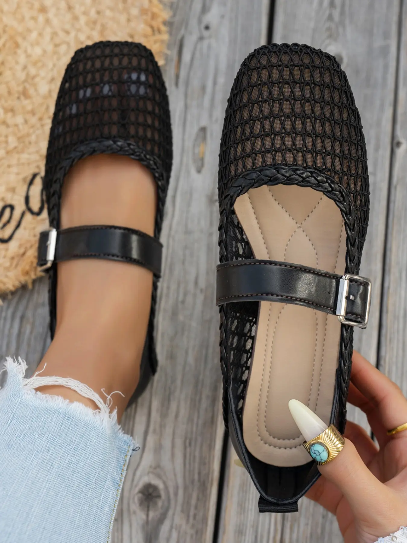 Women's Breathable Mesh Mary Jane Flat Shoes, Square Toe Braided Buckle Slip-On, Lightweight Casual Spring & Fall Footwear