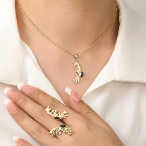 Fashionable and unique black rhinestone deer antler necklace and earring two-piece set