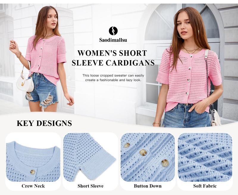 Saodimallsu Womens Crochet Short Sleeve Cardigans Button Up Crew Neck Summer Beach Knit Sweater Tops