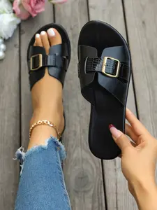 2026 Summer Metal Buckle Wide Sole Sandals, Large Sizes 36-43, PU Soft Bottom Anti-Slip Flip Flops, Casual & Commute Friendly