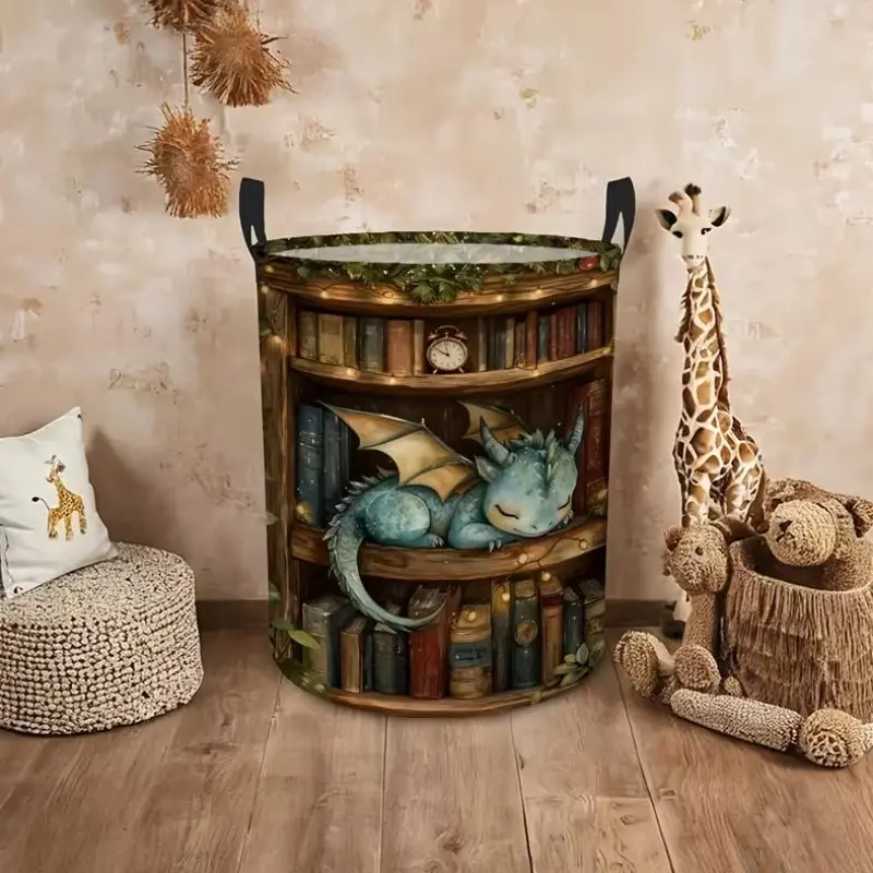 1pc Round Laundry Basket, Cozy Bookshelf Dragon Pattern, Spacious Laundry Basket, Collapsible Laundry Basket Easy Storage, Durable Polyester Material, Dorm And Laundry Room Storage, Versatile Storage Solution, Laundry Baskets, Shelf Baskets