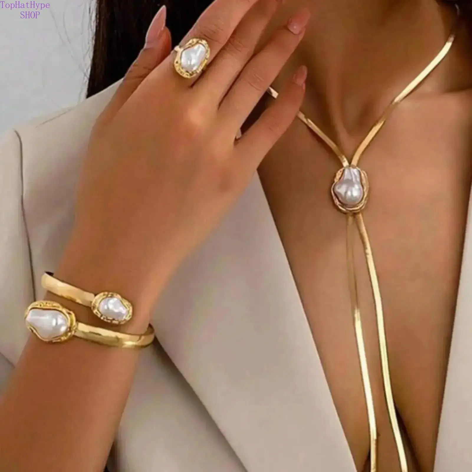 Women’s 3‑Pcs Vintage Luxury Jewelry Set, Snake‑Chain Pearl Pendant Necklace, Earrings, Ring & Bracelet Combo, Unique Retro Elegant Accessories for Daily Wear, Party Occasions & Formal Banquet Gift‑Giving