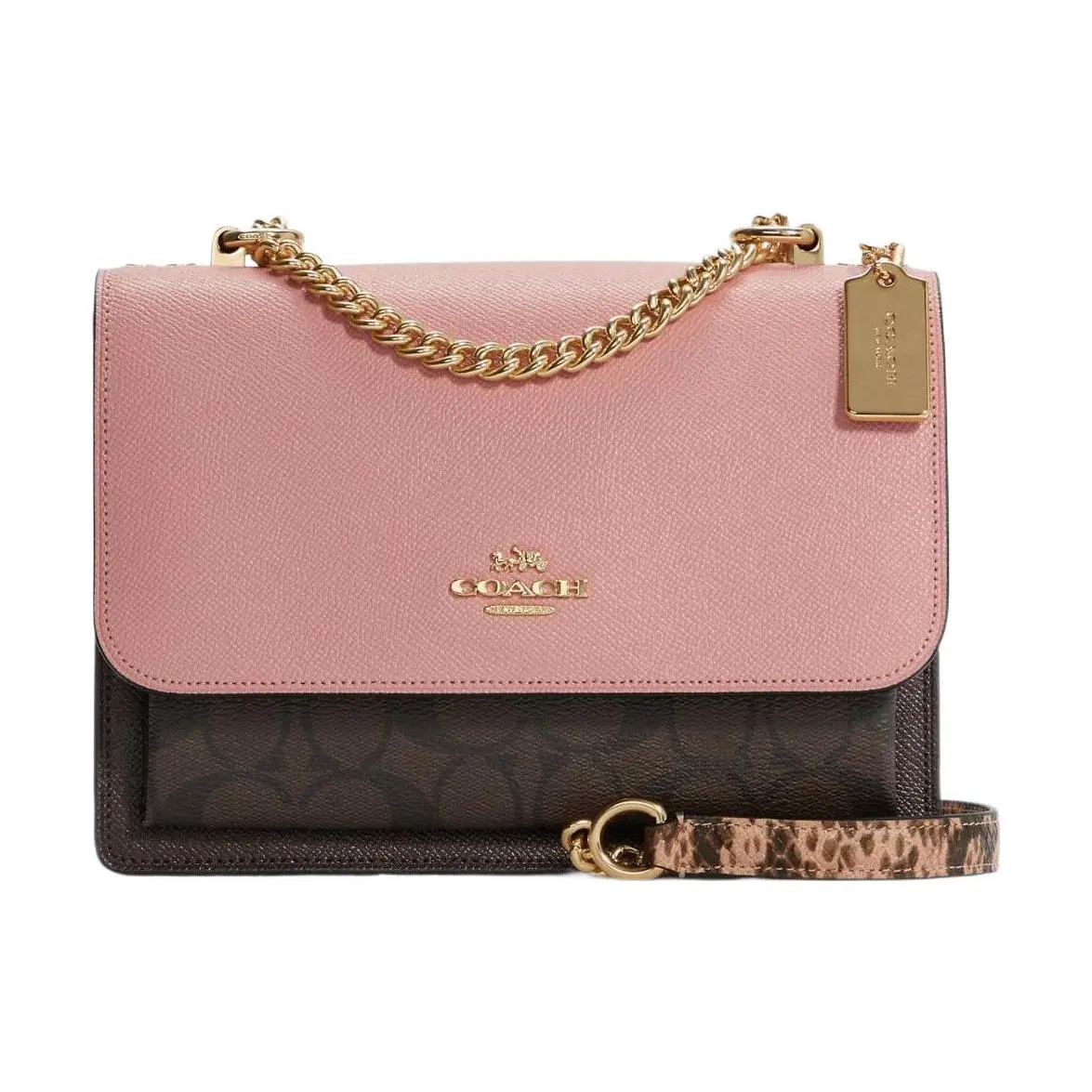 COACH Klare 22 Vintage Print Flap Crossbody Bag for Women – Medium Size, Coated Canvas and Leather, Brown Monogram with Blush Pink Shell