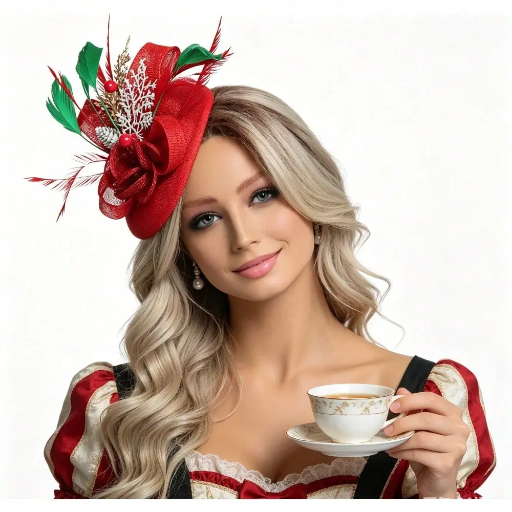 Women's Christmas Fascinator Hat - Elegant Red Green Feather Flower Headpiece, Polyester Mix Material with Dual Hair Clip & Headband, Plain Design, 1 Size for Holiday Party, One Size