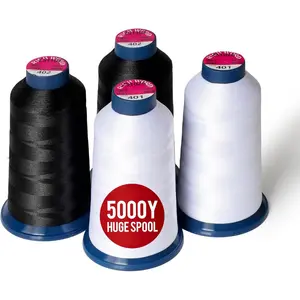 BAi Embroidery Machine Thread, 4 Spools (2 White + 2 Black) Polyester Embroidery Thread, 5000 Yards Each, 40WT High-Speed Thread for Commercial Multi-Needle Machines, Hats, Logos & Bulk Production