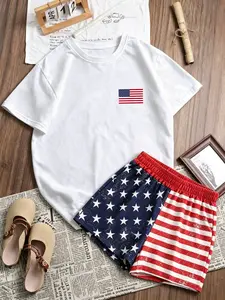 2 pieces, women's Y2K American flag printed short sleeved Top and shorts two-piece set, daily summer casual fashion set, soft and comfortable fabric, suitable for Independence Day and the 250th anniversary of the United States