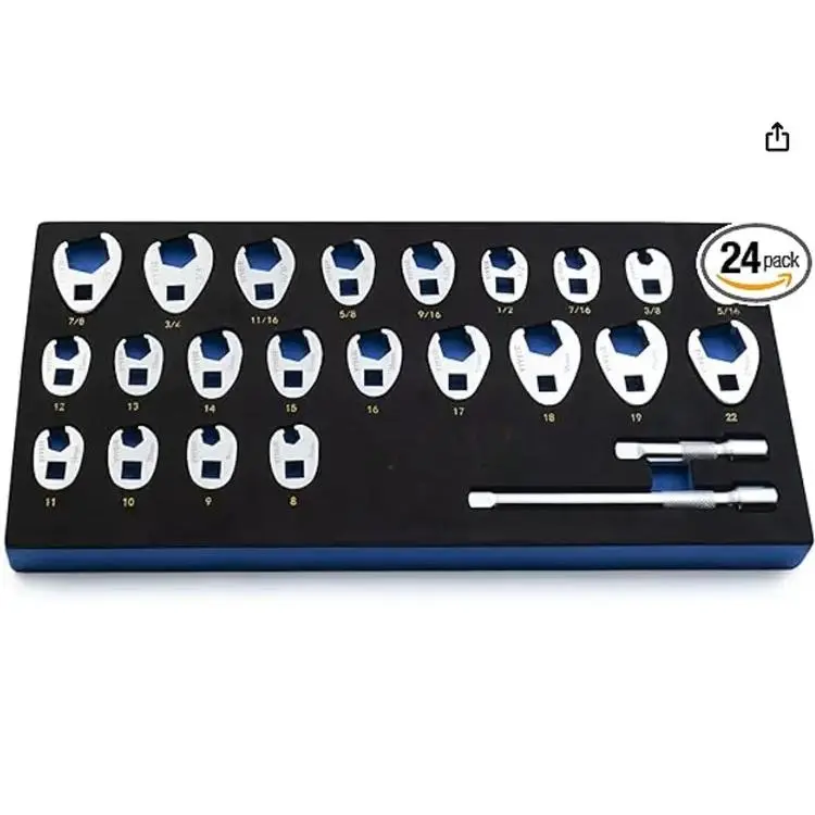 3/8" Drive Crows Foot Wrench Set, 24PCS Flare Nut Crowfoot Wrench Set, Metric  SAE, 8-22mm  5/16"-7/8", CR-V Steel, Crows Feet Wrench Set with 2 Extension Bars, Line Wrench Set with EVA Foam wrenches