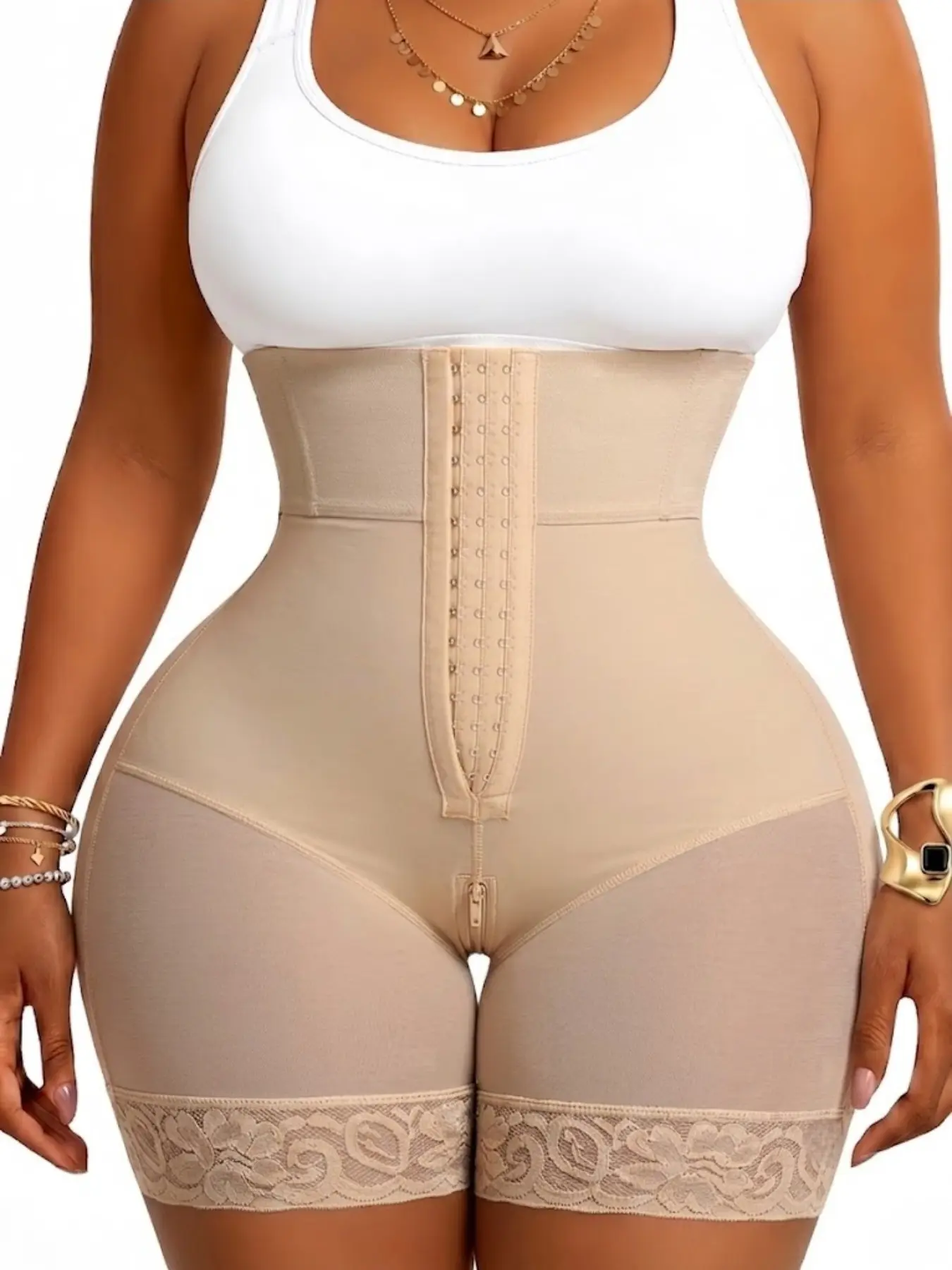 1 Count Women's High Rise Contour Bottoms, Colombian, Fajas, Adjustable Front Hook Shapewear, Zipper Open Crotch Lace Anti Slip Thigh Edge Butt Lifting And Tummy Control Shorts, Lightweight Breathable Mesh Shaping Panties, Great For Yoga Leisure Travel