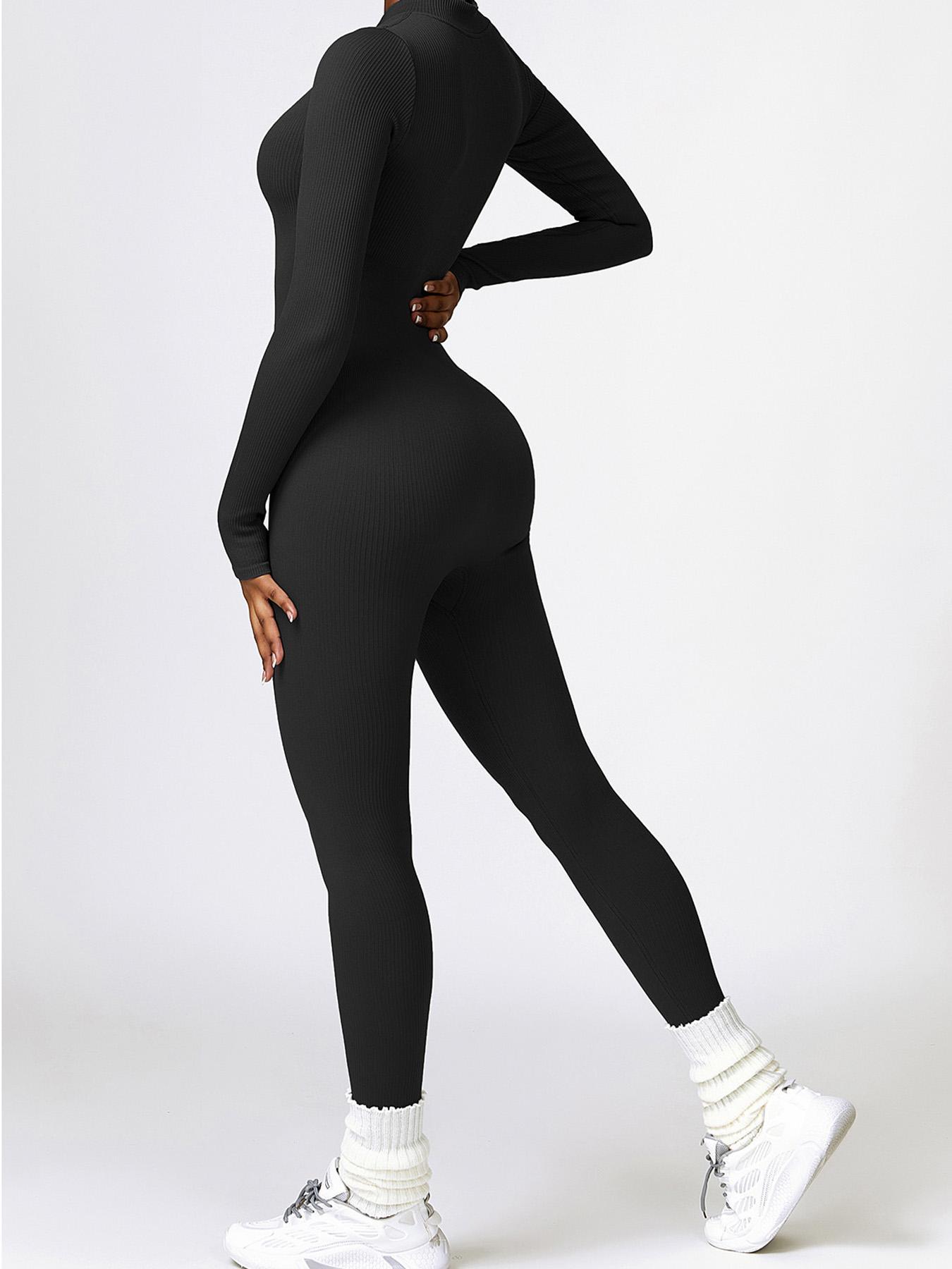 Women's Solid Zip Up Stand Collar Sports Jumpsuit, Fitness Long Sleeve Seamless Jumpsuit for Yoga Gym Workout, Holiday Outfits, Ladies' Sport Clothes Clothing, Tummy Control