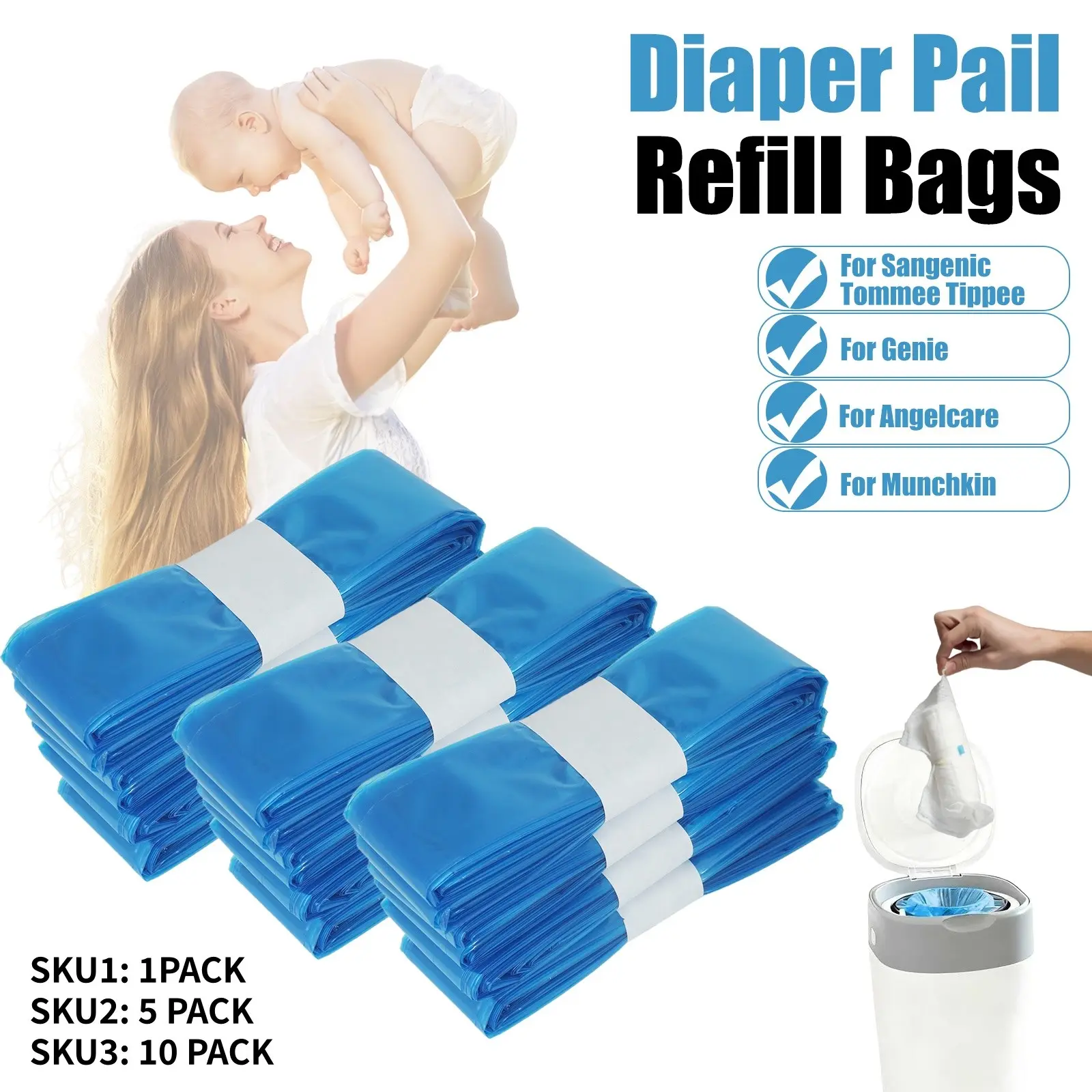Diaper Pail Refills for Tommee Tippee, Nappy Refill Bags for Genie, Diaper Pail Refills for Angelcare for Munchkin, Scented