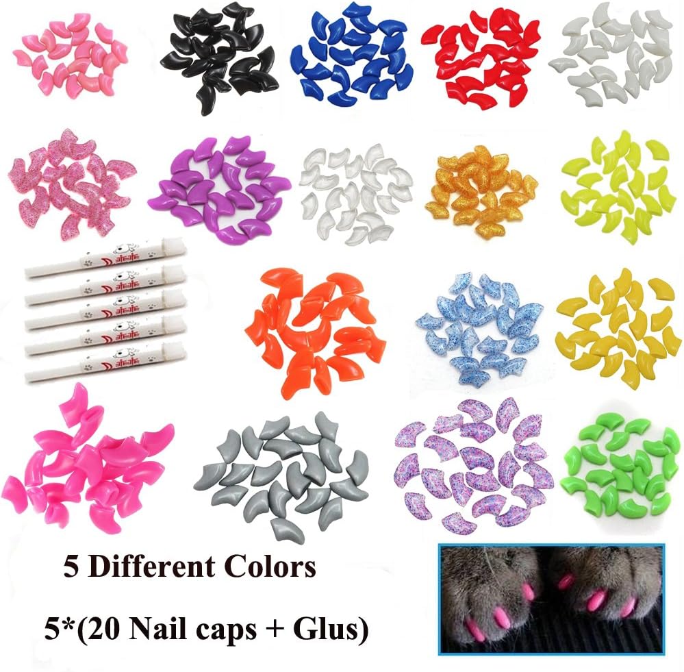 Cat Nail Caps, 100pcs Medium Size 5 Colors with Glue and Applicators, Safe for Cat Claw Care, Protect Homes and Furniture, Prevent Scratch Disease, Long-lasting, Skin-friendly