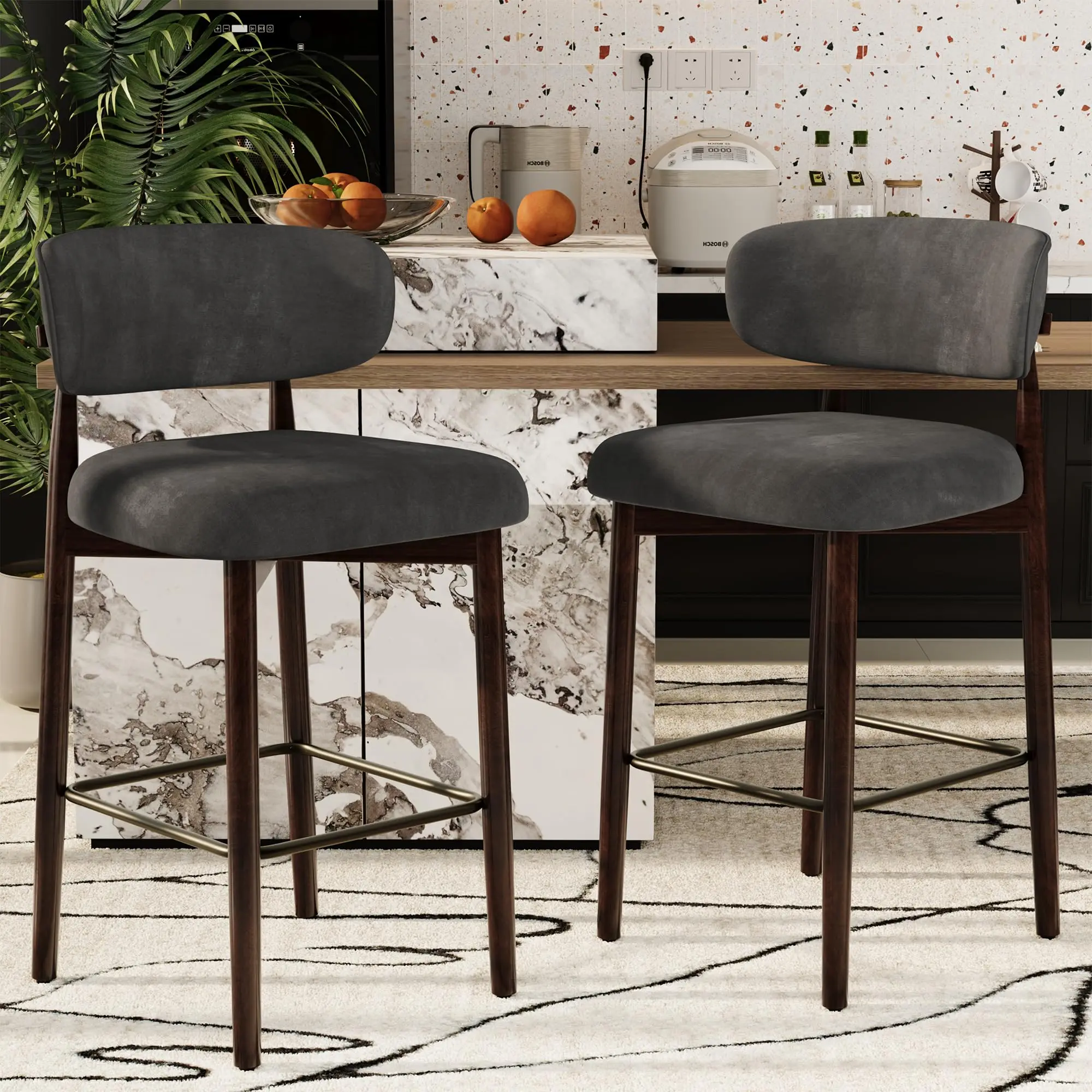 🪑 26" Wood & Linen Bar Stools Set of 4 – Solid Wood Frame, Curved Back & Wrap-Around Footrest, Modern Kitchen Island Seating! ✨