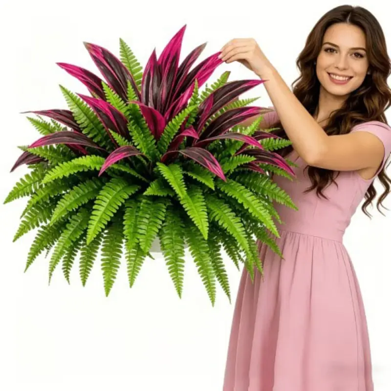 2 Pcs Artificial Fern Plants + 2 Pcs Dragon Blood Flowers, Artificial Plant Set, Indoor Outdoor Decor, Hanging Ornament, Home Office Garden Decoration, Artificial Fake Plants